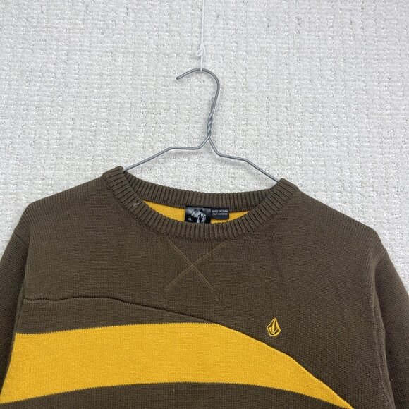 Y2K Volcom Mens M Brown / Yellow Long Sleeve Stripe Thermal Shirt Sweater Knit - Picture 2 of 14